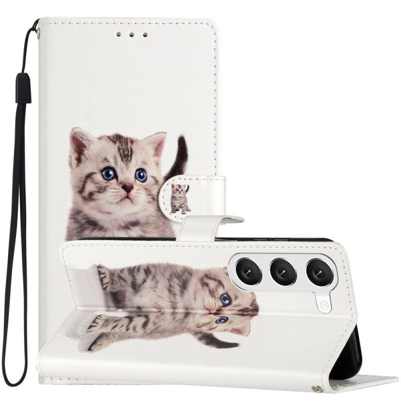 Leren Hoesje Samsung Galaxy S24 Plus 5g Schattige Kat Met Riem Bescherming Hoesje