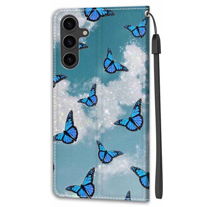 Leren Hoesje Samsung Galaxy S24 Plus 5g Witte Wolk Met Blauwe Vlinders Met Riem