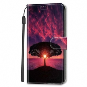 Leren Hoesje Samsung Galaxy S24 Plus 5g Zwarte Boom Bij Zonsondergang Met Riem Bescherming Hoesje