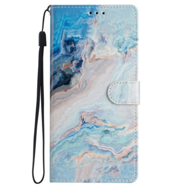 Leren Hoesje Voor Samsung Galaxy S24 Plus 5g Blauw Marmer Met Riem