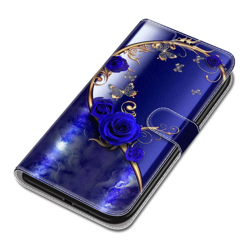 Leren Hoesje Voor Samsung Galaxy S24 Plus 5g Blauwroze En Gouden Vlinders Met Riem