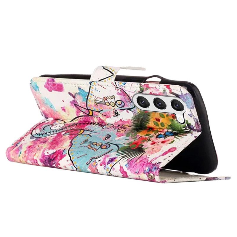 Leren Hoesje Voor Samsung Galaxy S24 Plus 5g Bloemenolifant Met Riem