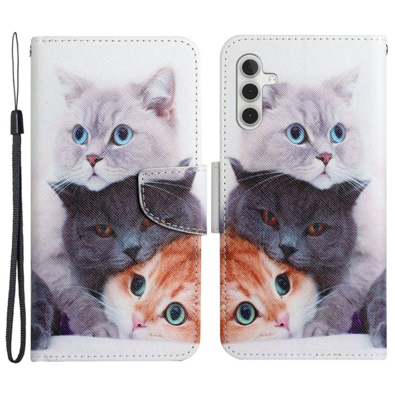 Leren Hoesje Voor Samsung Galaxy S24 Plus 5g Drie Katten Met Riemen