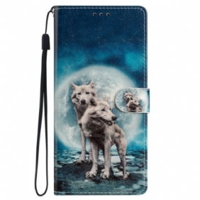 Leren Hoesje Voor Samsung Galaxy S24 Plus 5g Twee Wolven Met Riemen