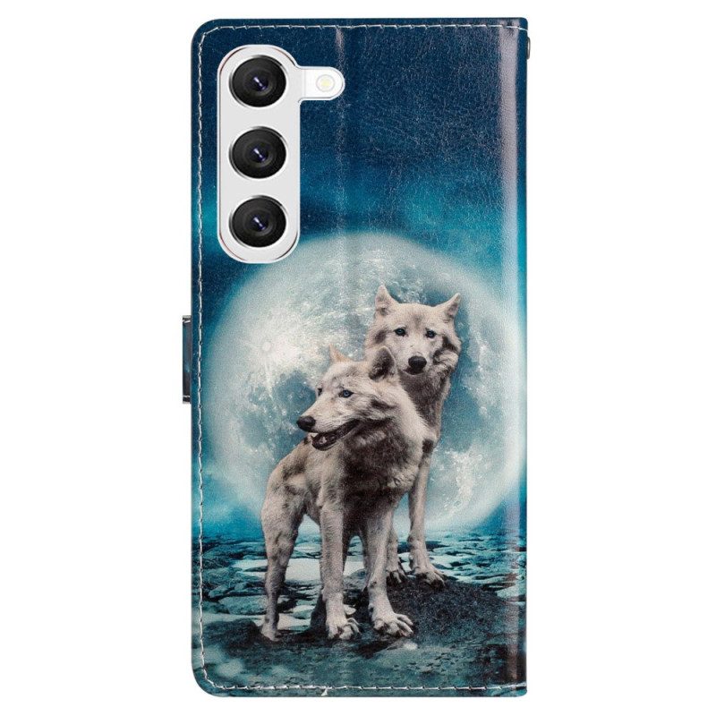 Leren Hoesje Voor Samsung Galaxy S24 Plus 5g Twee Wolven Met Riemen