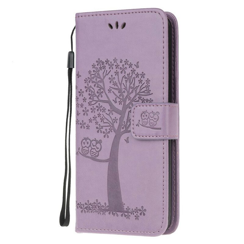 Folio-hoesje voor Samsung Galaxy S20 Met Ketting String Boom En Uilen