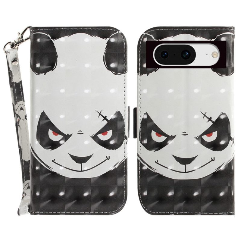 Leren Hoesje Google Pixel 8 Boze Panda Met Riem Bescherming Hoesje