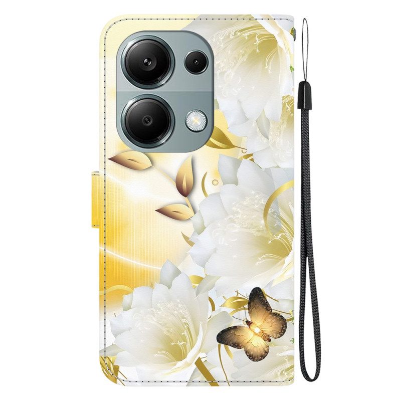 Folio-hoesje Xiaomi Redmi Note 13 Pro 4g Gouden Vlinders En Witte Bloemen Met Riempje