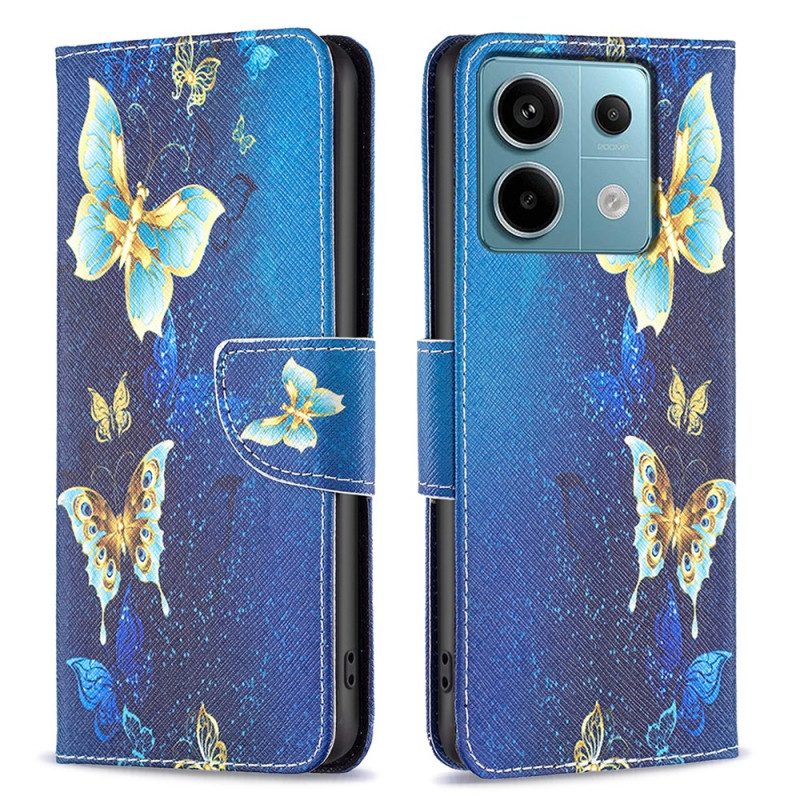 Leren Hoesje Xiaomi Redmi Note 13 Pro 4g Gouden Vlinders Op Blauwe Achtergrond