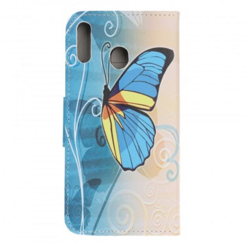 Flip Case voor Samsung Galaxy A40 Blauwe En Gele Vlinder