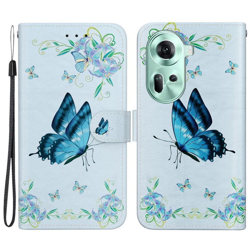 Folio-hoesje Oppo Reno 11 5g Telefoonhoesje Blauwe Vlinder En Bloemen Met Riempje