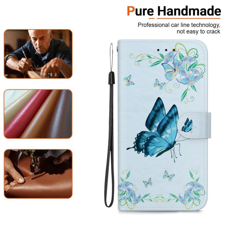 Folio-hoesje Oppo Reno 11 5g Telefoonhoesje Blauwe Vlinder En Bloemen Met Riempje