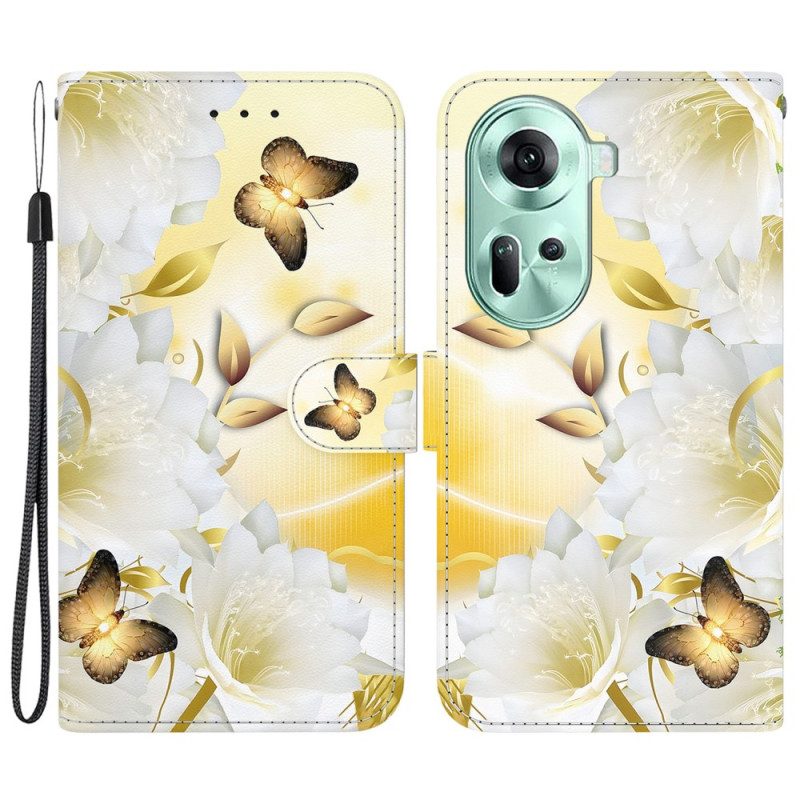 Folio-hoesje Oppo Reno 11 5g Telefoonhoesje Gouden Vlinders En Bloemen Met Riem