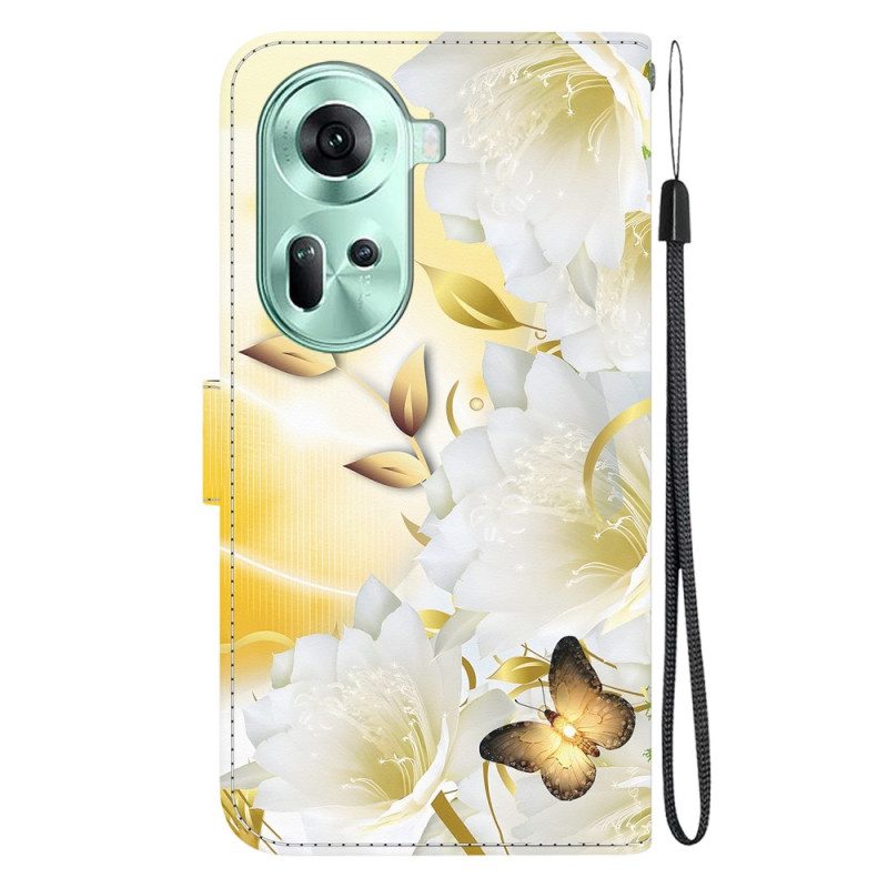 Folio-hoesje Oppo Reno 11 5g Telefoonhoesje Gouden Vlinders En Bloemen Met Riem