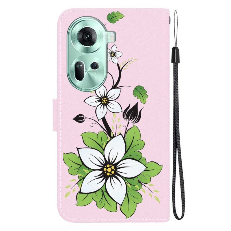 Leren Hoesje Oppo Reno 11 5g Lelieprint Met Riempje