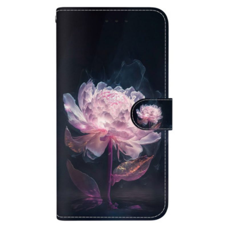 Leren Hoesje Oppo Reno 11 5g Paarse Pioen Met Riem Bescherming Hoesje