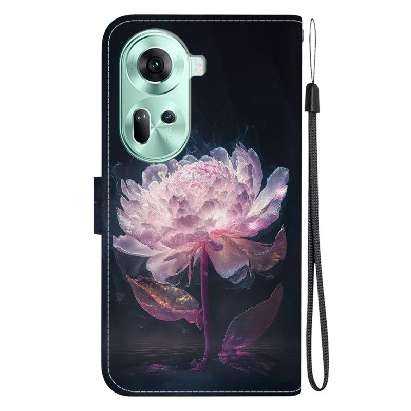 Leren Hoesje Oppo Reno 11 5g Paarse Pioen Met Riem Bescherming Hoesje