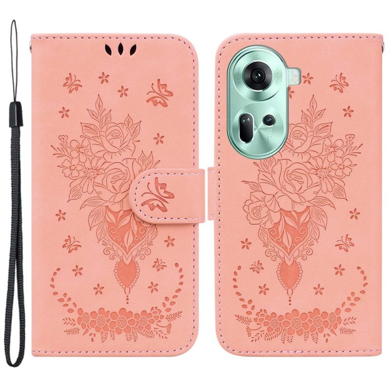 Leren Hoesje Voor Oppo Reno 11 5g Bloemenpatroon Met Suède-effect En Riempje