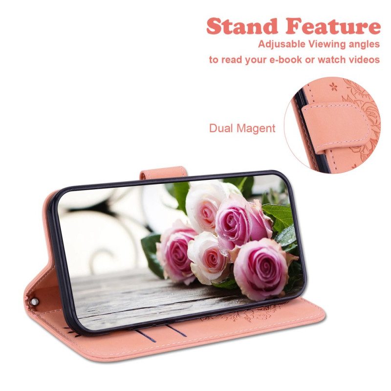 Leren Hoesje Voor Oppo Reno 11 5g Bloemenpatroon Met Suède-effect En Riempje