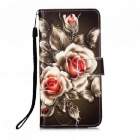 Flip Case voor Xiaomi Redmi 9A Met Ketting Zwarte Roos Met Riem