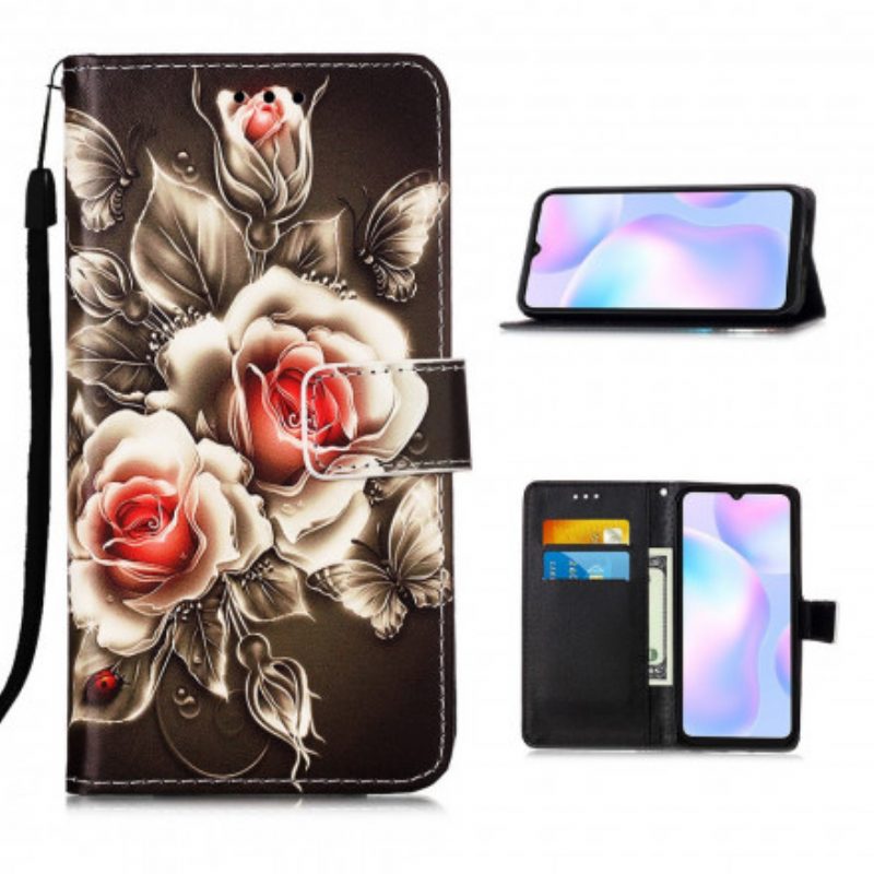 Flip Case voor Xiaomi Redmi 9A Met Ketting Zwarte Roos Met Riem