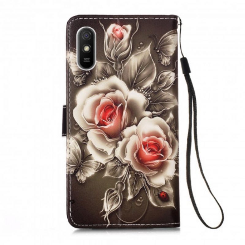 Flip Case voor Xiaomi Redmi 9A Met Ketting Zwarte Roos Met Riem