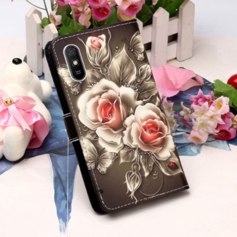 Flip Case voor Xiaomi Redmi 9A Met Ketting Zwarte Roos Met Riem