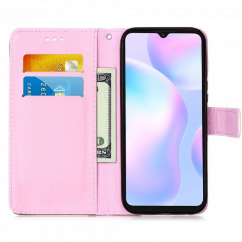 Folio-hoesje voor Xiaomi Redmi 9A Met Ketting Lanyard Panda-overpeinzingen