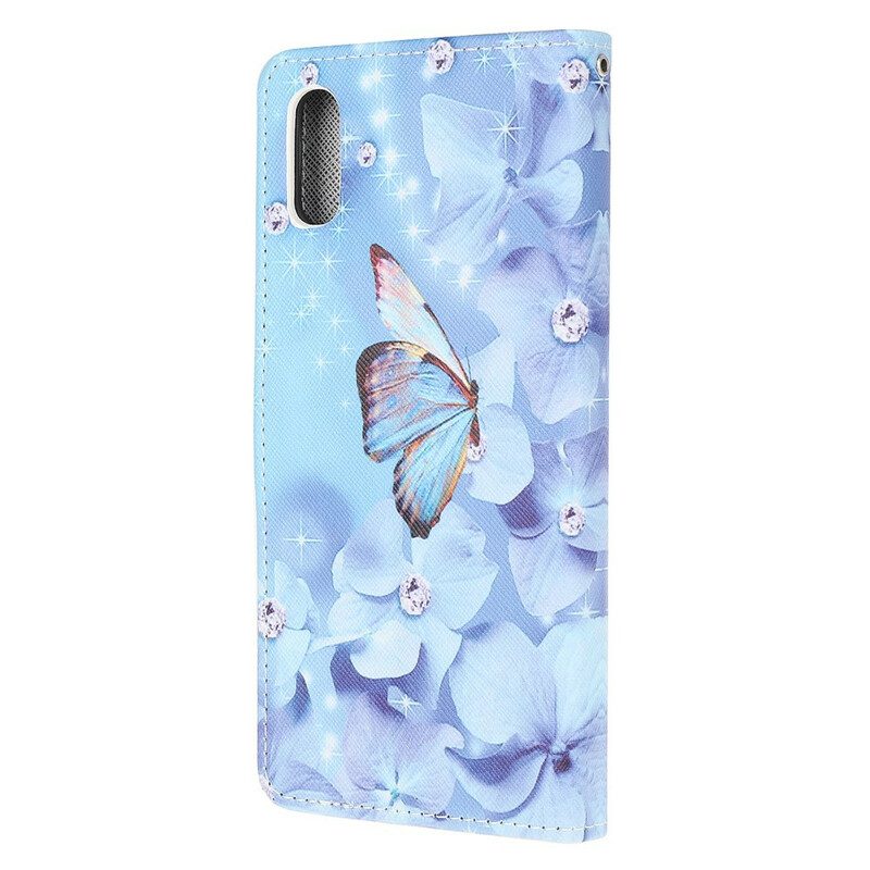 Folio-hoesje voor Xiaomi Redmi 9A Met Ketting Strappy Diamanten Vlinders