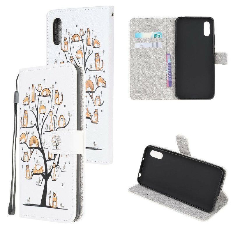 Leren Hoesje voor Xiaomi Redmi 9A Met Ketting Funky Cats Met Riem