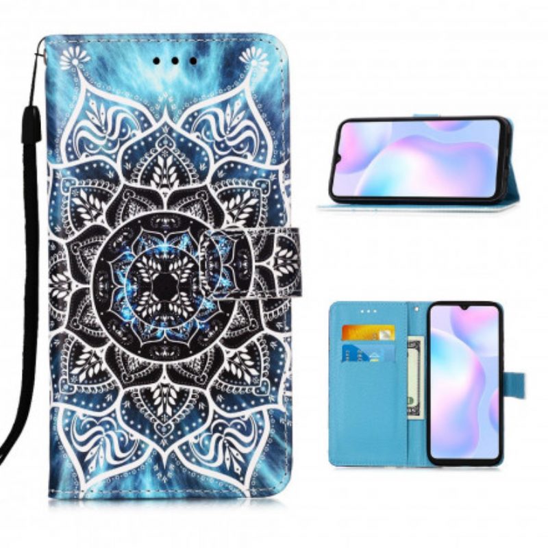 Leren Hoesje voor Xiaomi Redmi 9A Met Ketting Zwarte Strappy Mandala