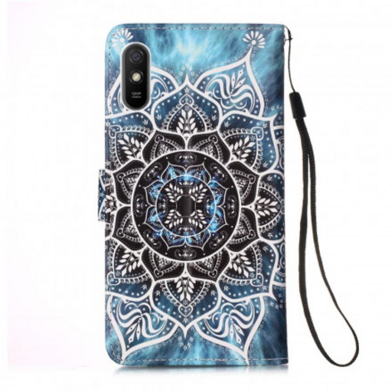 Leren Hoesje voor Xiaomi Redmi 9A Met Ketting Zwarte Strappy Mandala