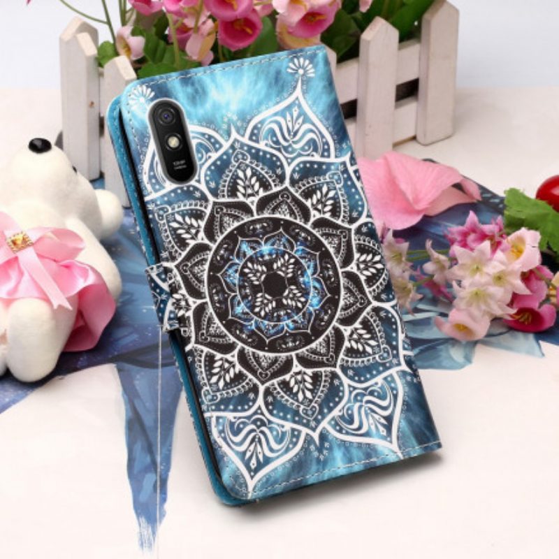 Leren Hoesje voor Xiaomi Redmi 9A Met Ketting Zwarte Strappy Mandala