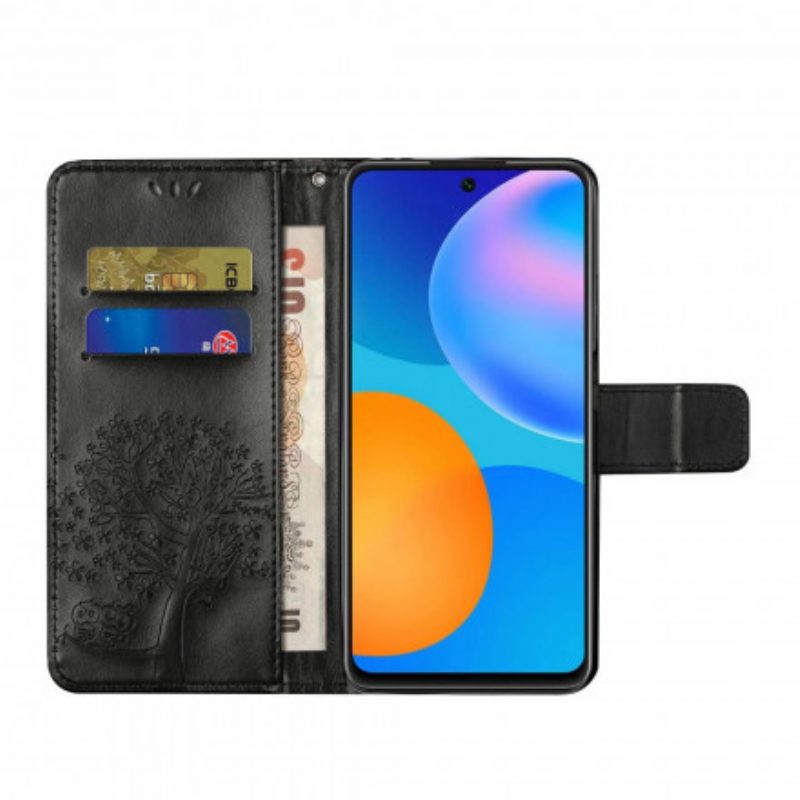 Folio-hoesje voor Xiaomi Redmi Note 10 Pro Met Ketting String Boom En Uilen