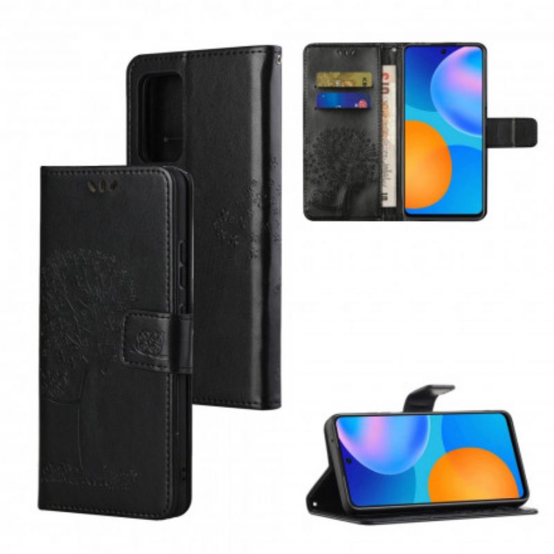 Folio-hoesje voor Xiaomi Redmi Note 10 Pro Met Ketting String Boom En Uilen