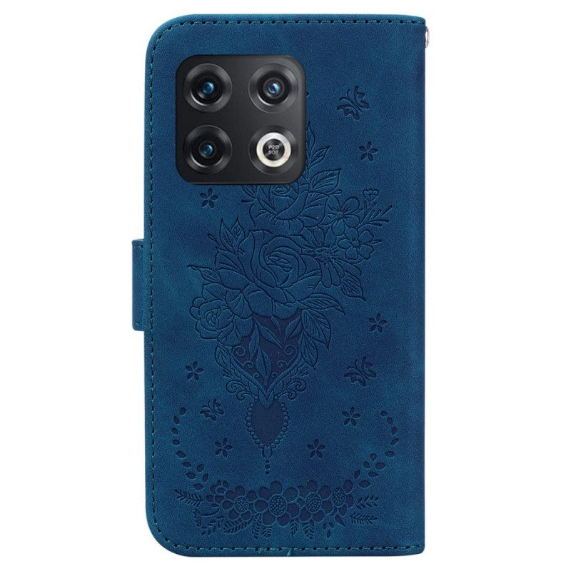 Flip Case voor OnePlus 10 Pro 5G Met Ketting Strappy Rozen En Vlinders