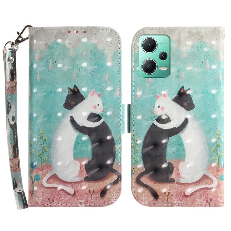 Folio-hoesje voor Poco X5 5G Met Ketting Witte Kat Zwarte Kat Met Riem