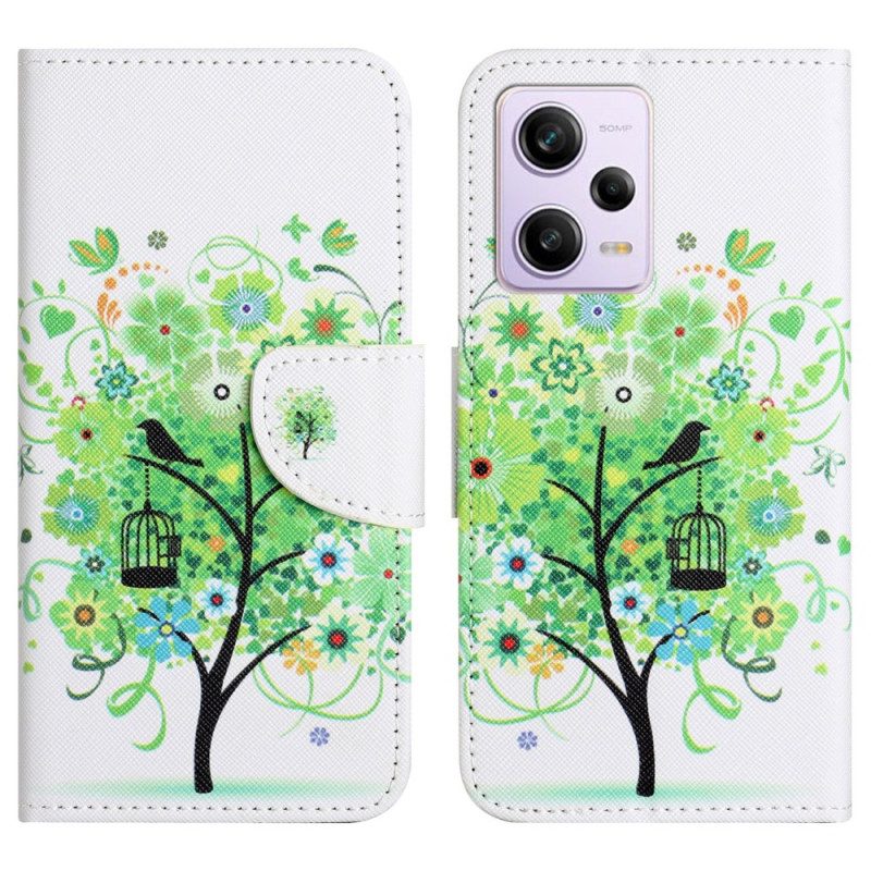 Leren Hoesje voor Poco X5 5G Met Ketting Groene Gebladerte Riem Boom