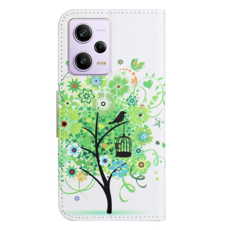 Leren Hoesje voor Poco X5 5G Met Ketting Groene Gebladerte Riem Boom