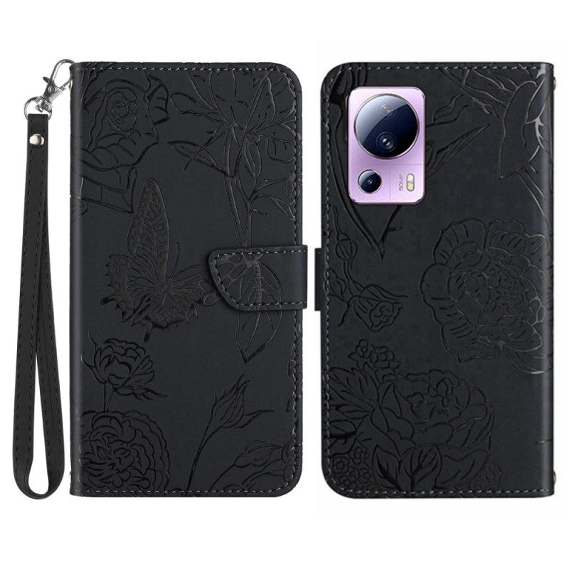 Leren Hoesje voor Xiaomi 13 Lite Vlinders En Lanyard