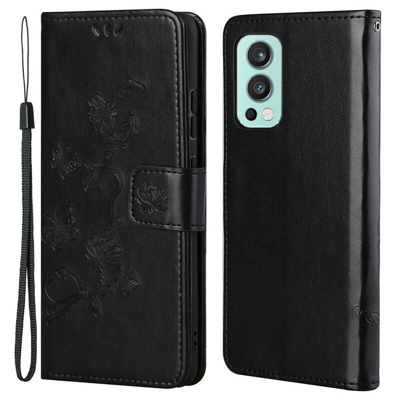 Flip Case voor OnePlus Nord 2 5G Met Ketting String Vlinders En Bloemen