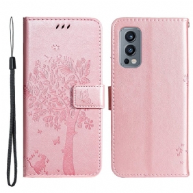 Folio-hoesje voor OnePlus Nord 2 5G Met Ketting Boom En Strappy Cat