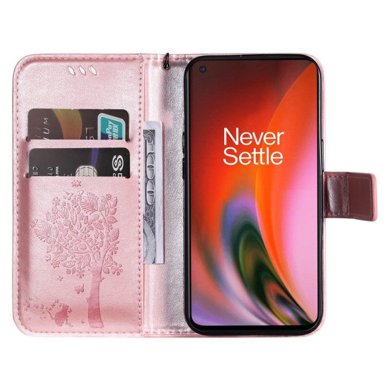 Folio-hoesje voor OnePlus Nord 2 5G Met Ketting Boom En Strappy Cat