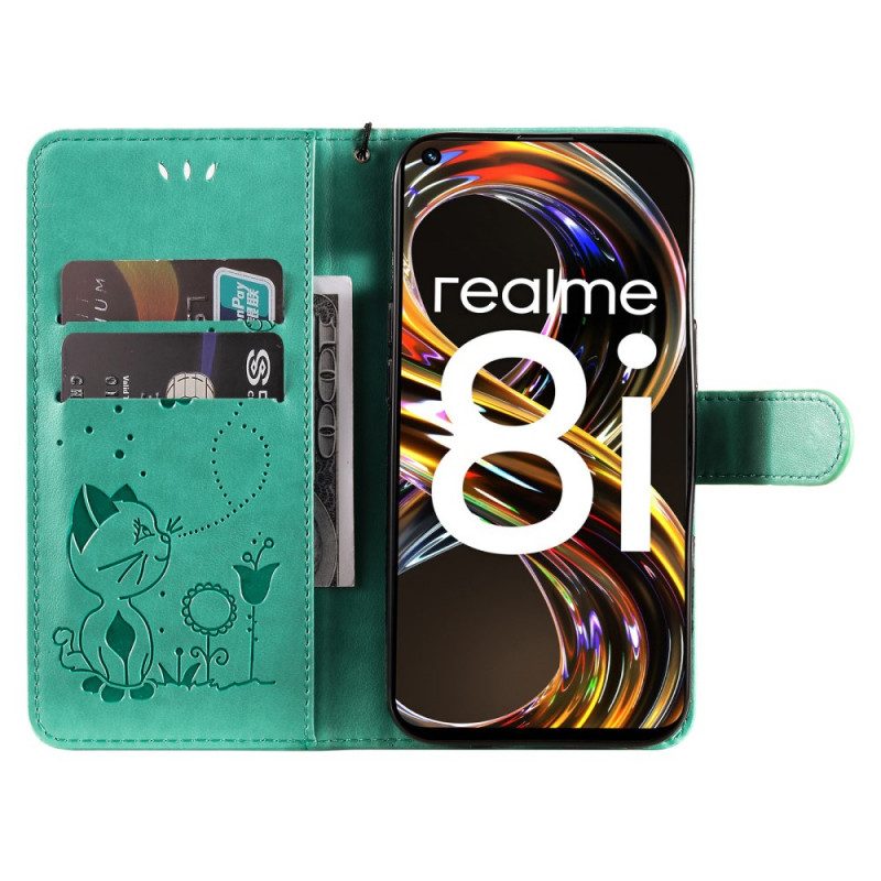 Folio-hoesje voor Realme 8i Met Ketting Kat En Bij Met Lanyard