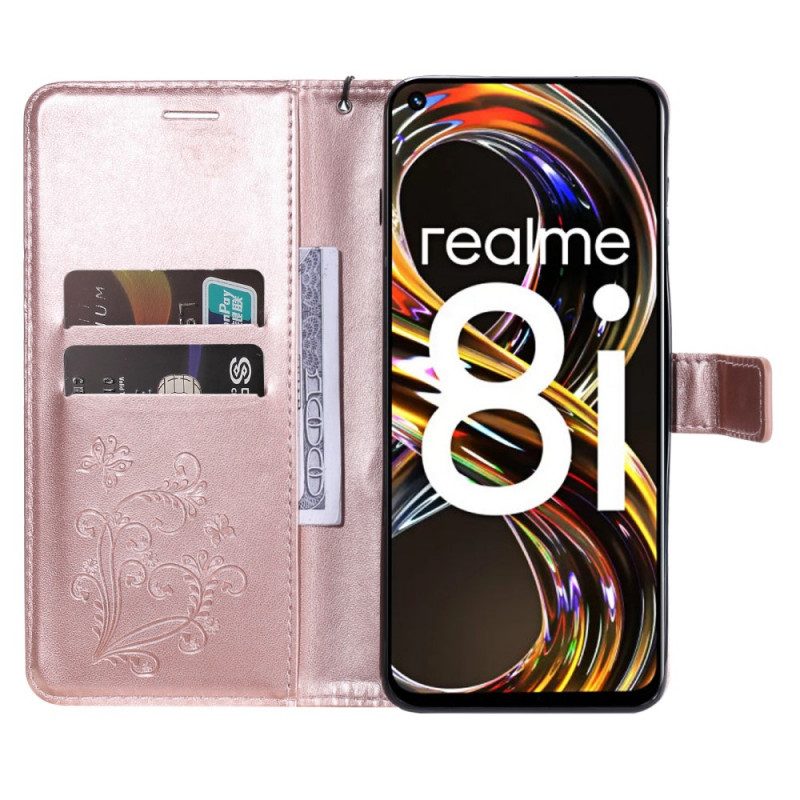 Leren Hoesje voor Realme 8i Met Ketting Gigantische Riemvlinders