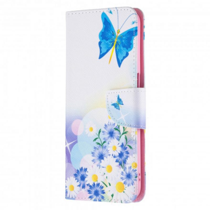 Leren Hoesje voor Realme 8 5G Geschilderde Vlinders En Bloemen