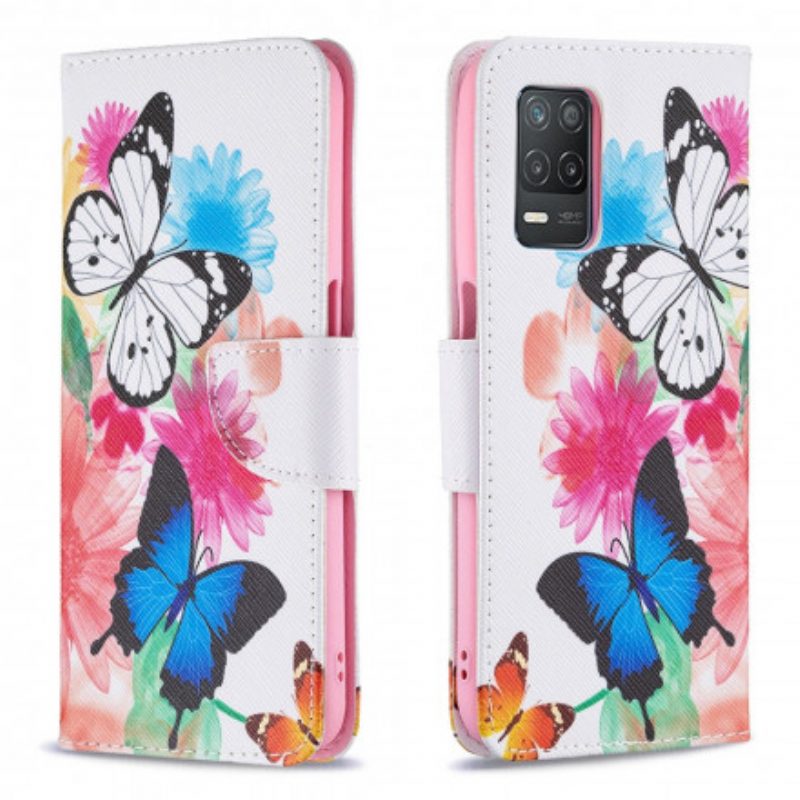 Leren Hoesje voor Realme 8 5G Geschilderde Vlinders En Bloemen