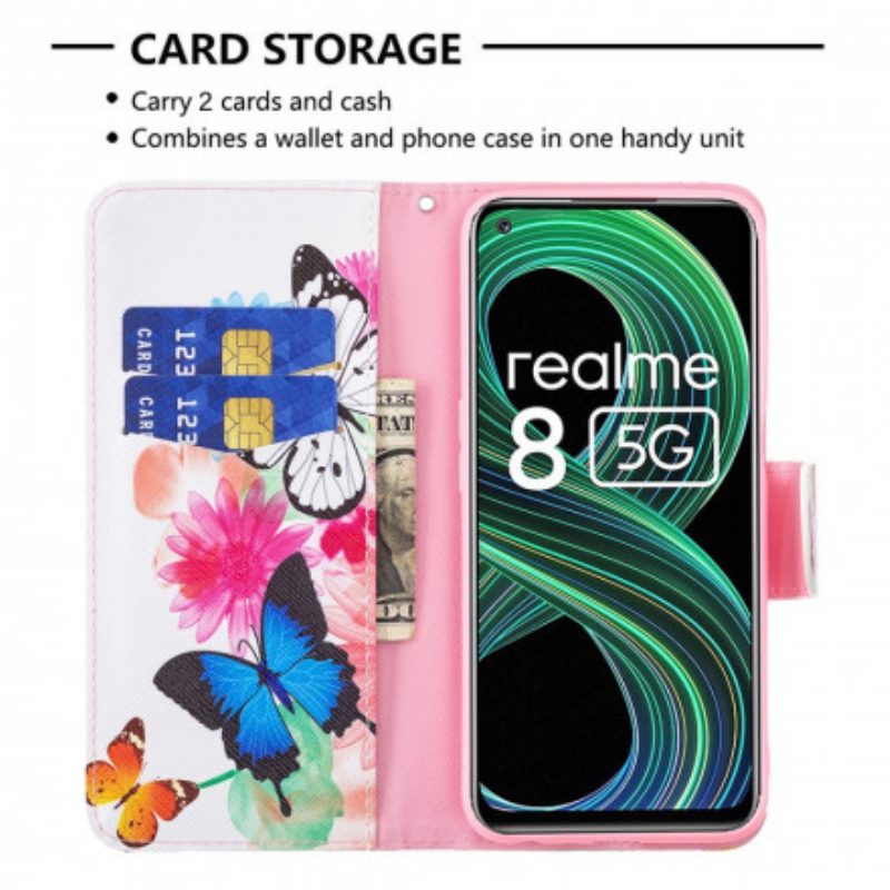 Leren Hoesje voor Realme 8 5G Geschilderde Vlinders En Bloemen