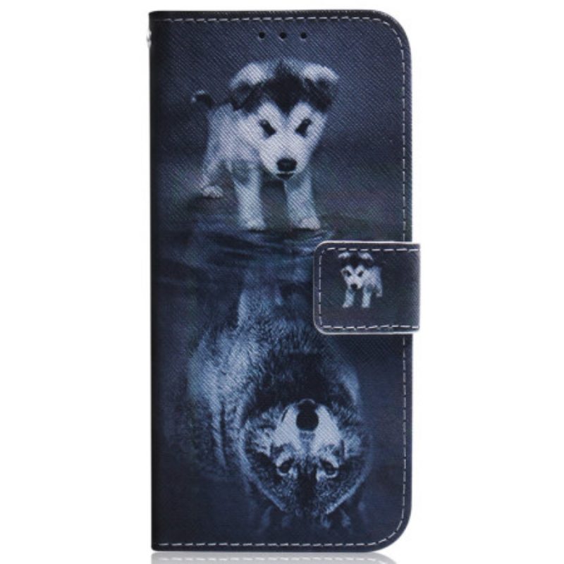 Flip Case voor Samsung Galaxy A34 5G Met Ketting Strappy Aquarel Wolf