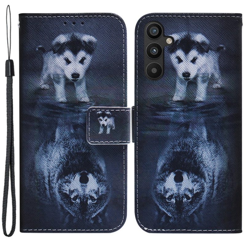 Flip Case voor Samsung Galaxy A34 5G Met Ketting Strappy Aquarel Wolf